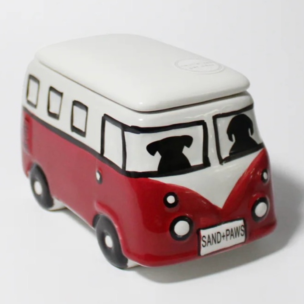 NWT Sand + Paws dogs driving red mini bus candle - mango tangerine scent